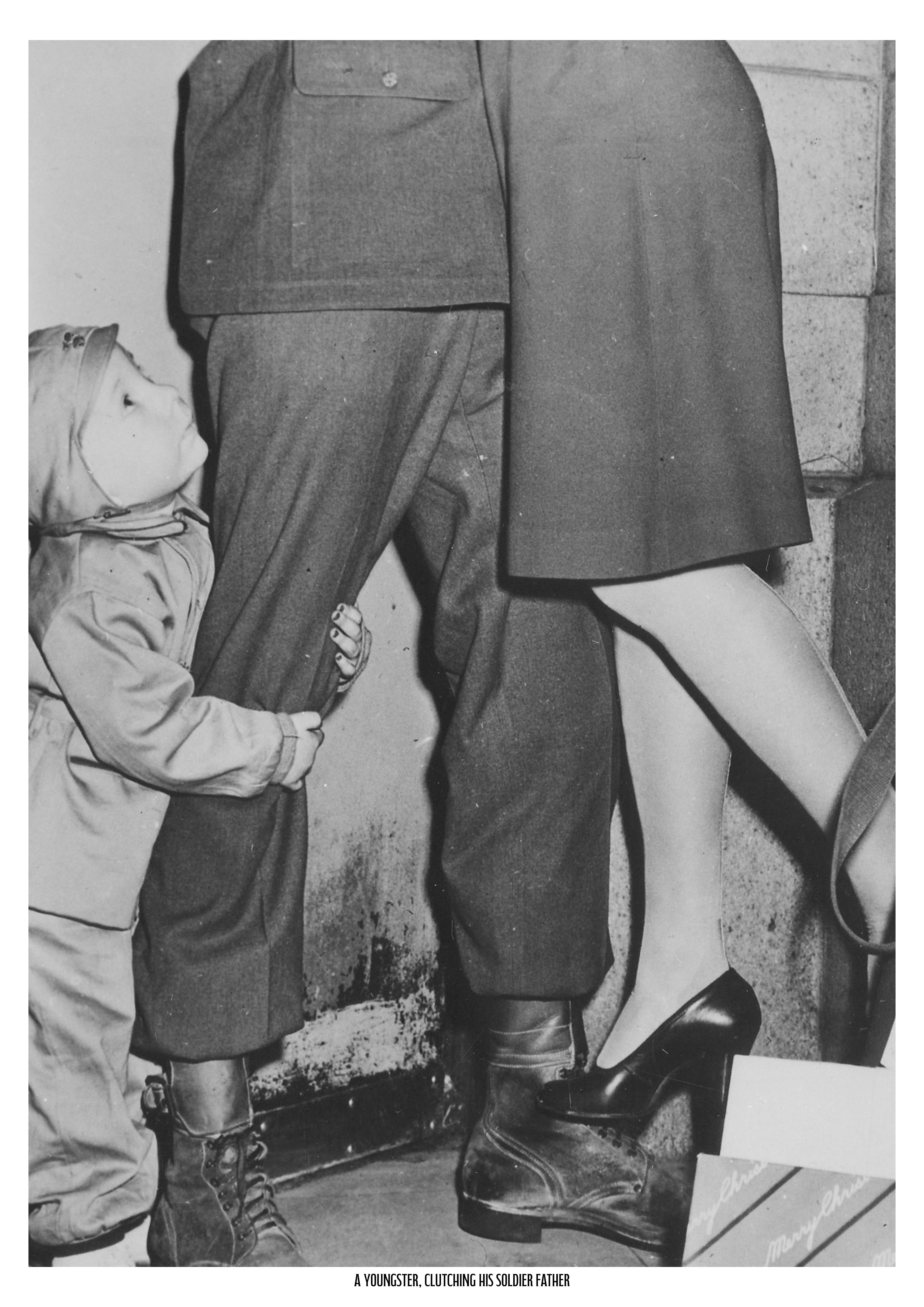 Youngster Clutches his Fathers Leg | Historical Print | WW2 Historical Print