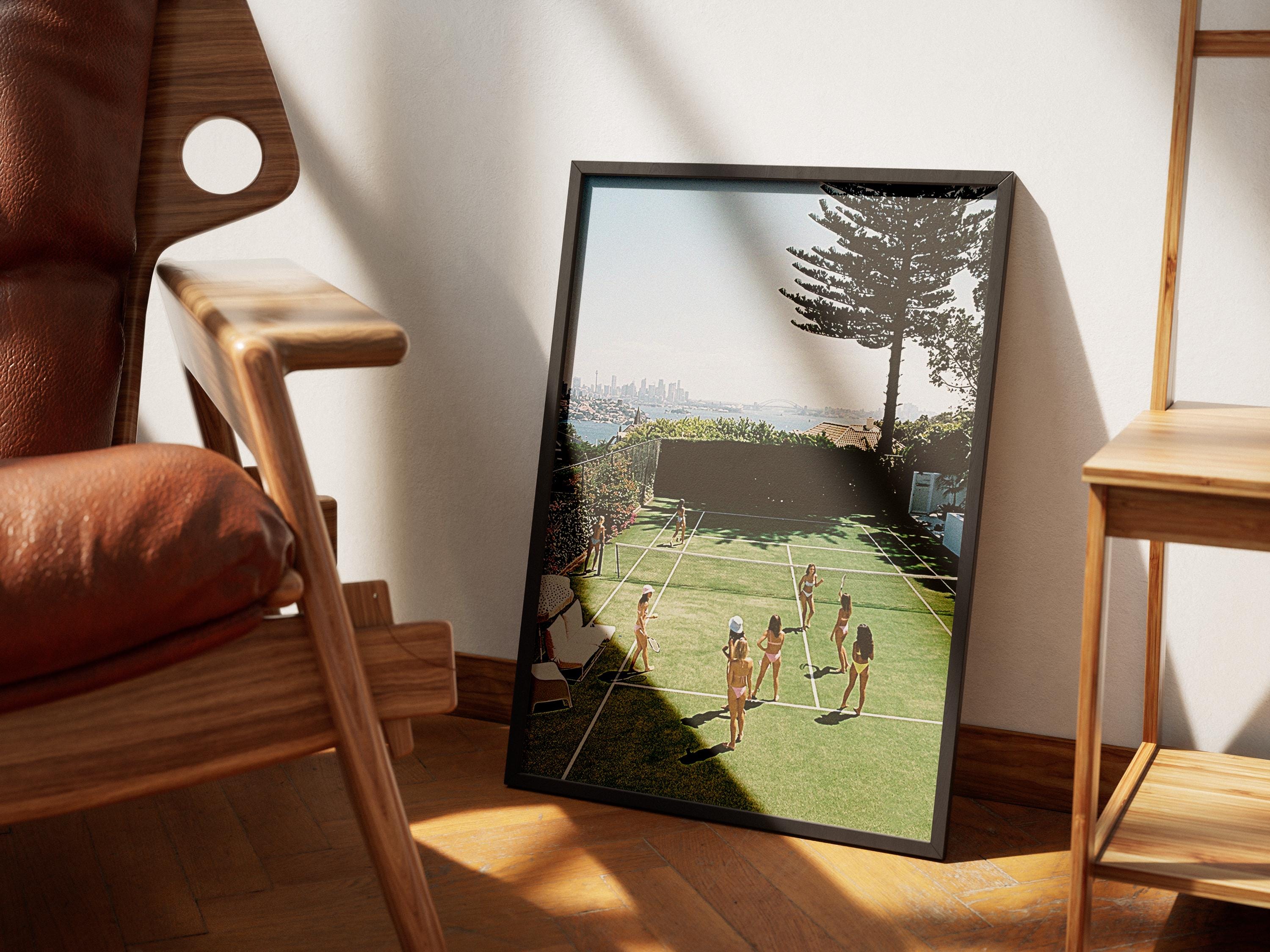 This view shows the poster of girls in bikinis playing tennis with sydney in the background. old money aesthetic poster.