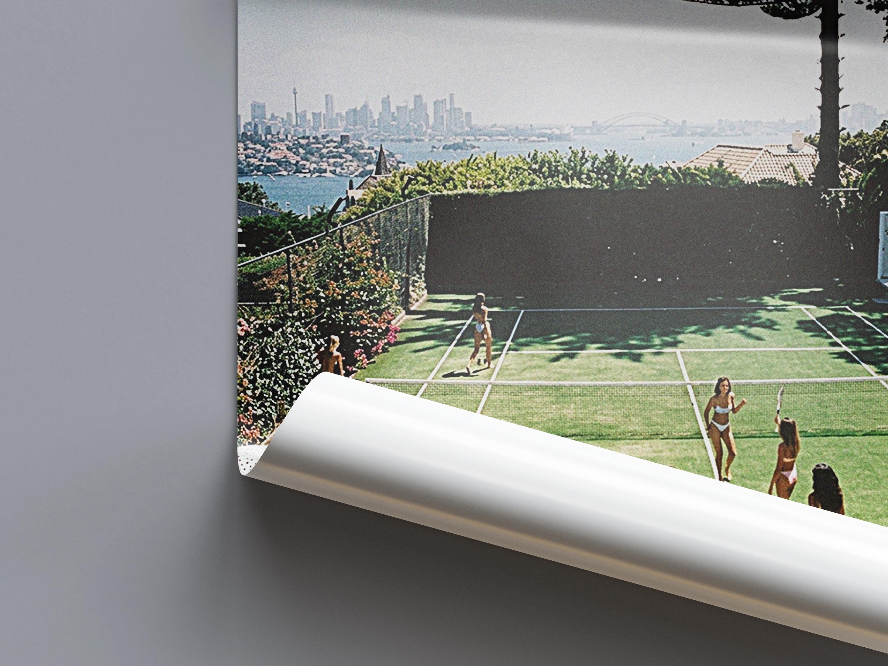 This view shows the close up of poster of girls in bikinis playing tennis with sydney in the background. old money aesthetic poster.