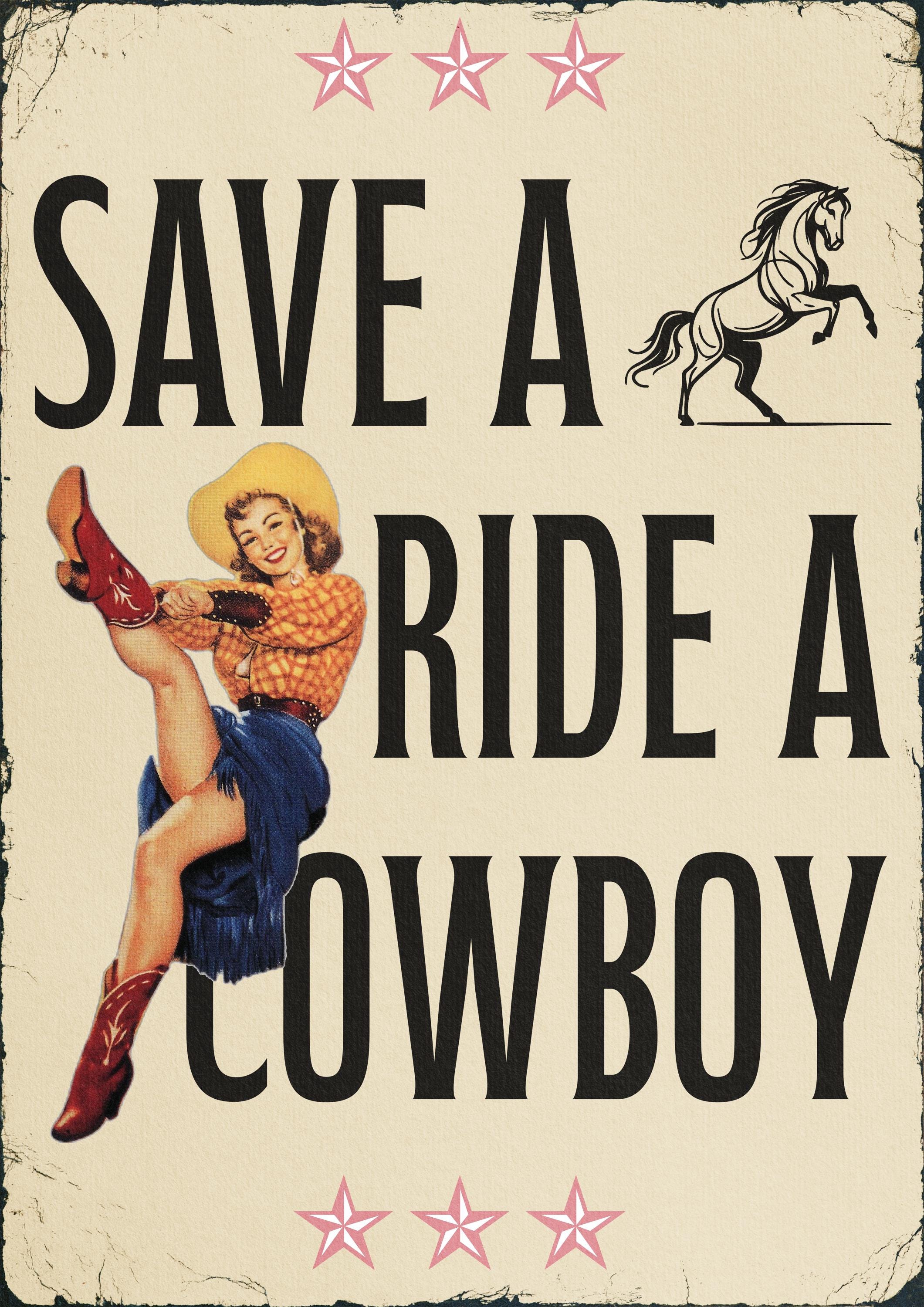 Save a Horse Ride a Cowboy Print | Vintage Western Wall Art | Retro Pin-Up Poster | Cowgirl Quote Art | Funny Western Decor