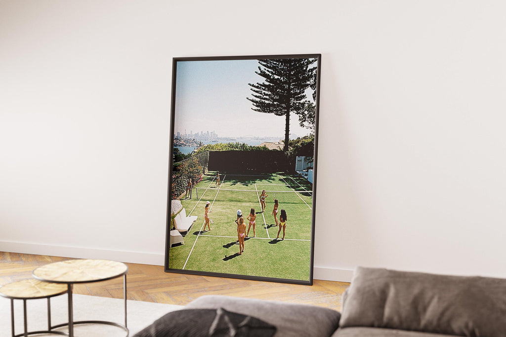 This view shows the poster of girls in bikinis playing tennis with sydney in the background. old money aesthetic poster.