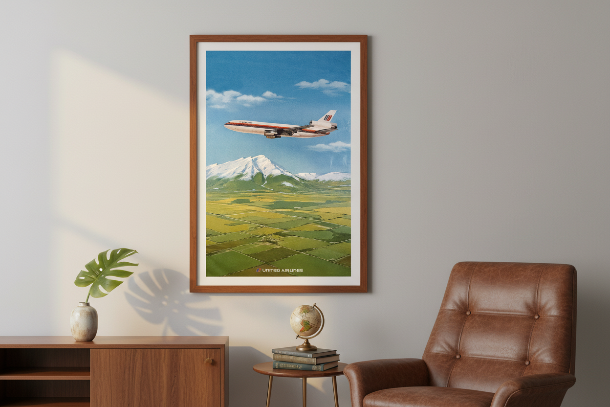 United Airlines Plane Classic Airline Poster in mid-century modern setting